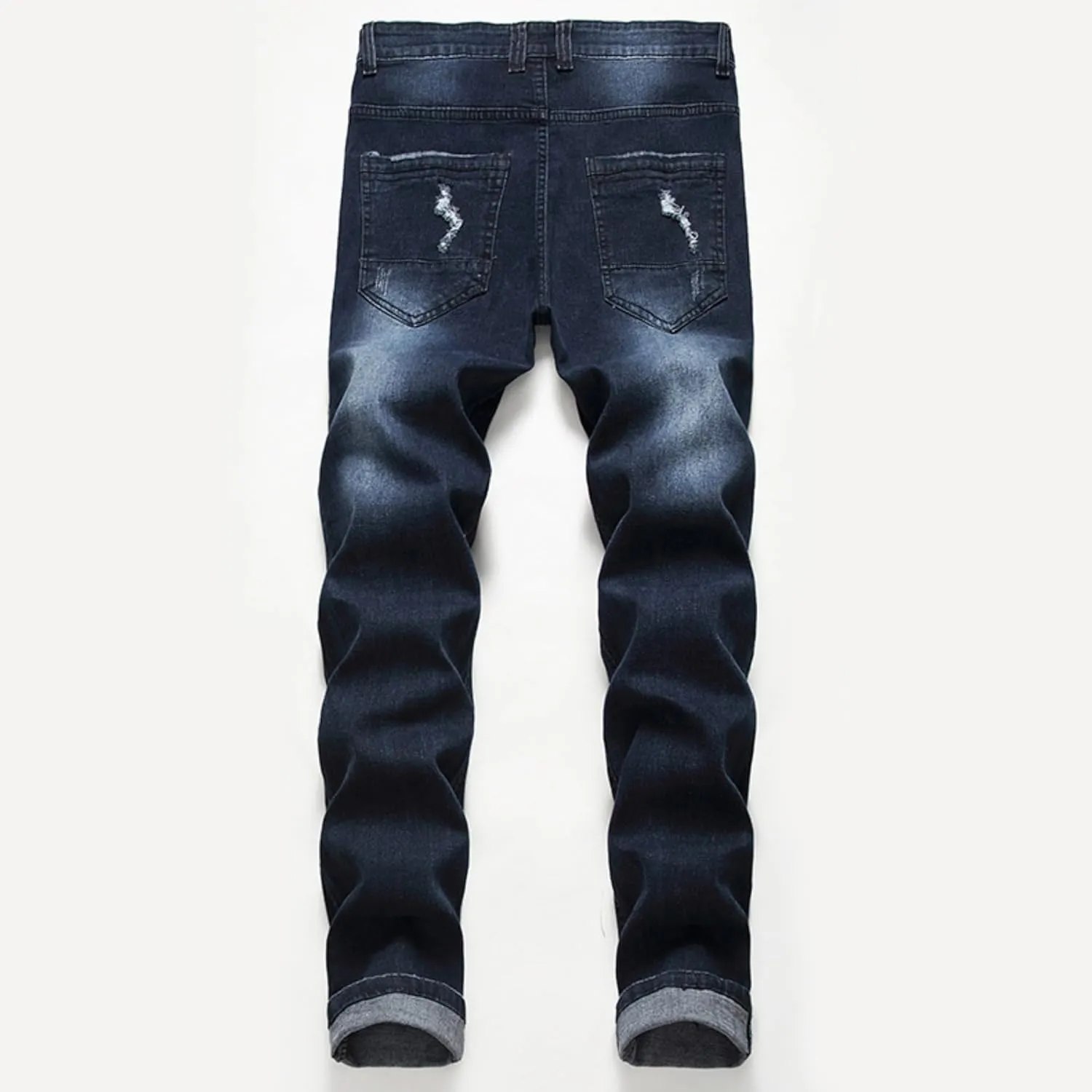 Men's Ripped Straight Leg Moto Jeans Hip Hop Washed Jean Trousers Denim Distressed Slim Fit Denim Pants