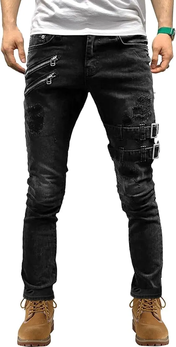 Men's Slim Fit Stretch Jeans Distressed Multi Pockets Cargo Denim Pants Fashion Ripped Skinny Jeans for Men