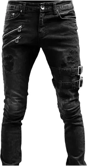 Men's Slim Fit Stretch Jeans Distressed Multi Pockets Cargo Denim Pants Fashion Ripped Skinny Jeans for Men