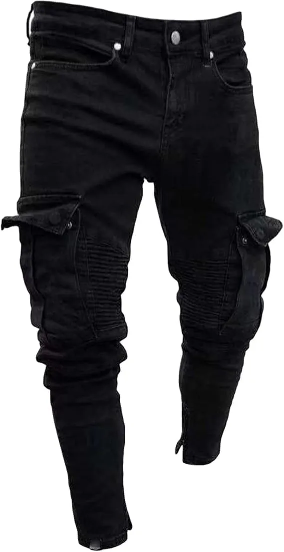 Men's Slim Fit Stretch Jeans Distressed Multi Pockets Cargo Denim Pants Fashion Ripped Skinny Jeans for Men