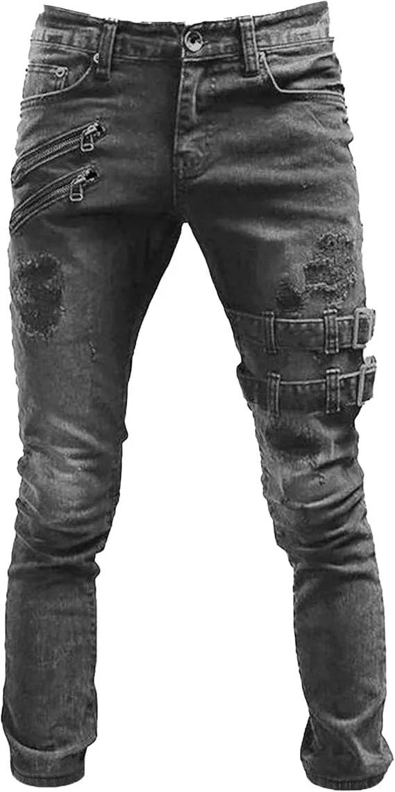 Men's Slim Fit Stretch Jeans Distressed Multi Pockets Cargo Denim Pants Fashion Ripped Skinny Jeans for Men