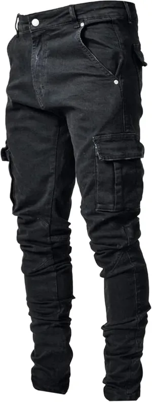 Men's Slim Fit Stretch Jeans Distressed Multi Pockets Cargo Denim Pants Fashion Ripped Skinny Jeans for Men