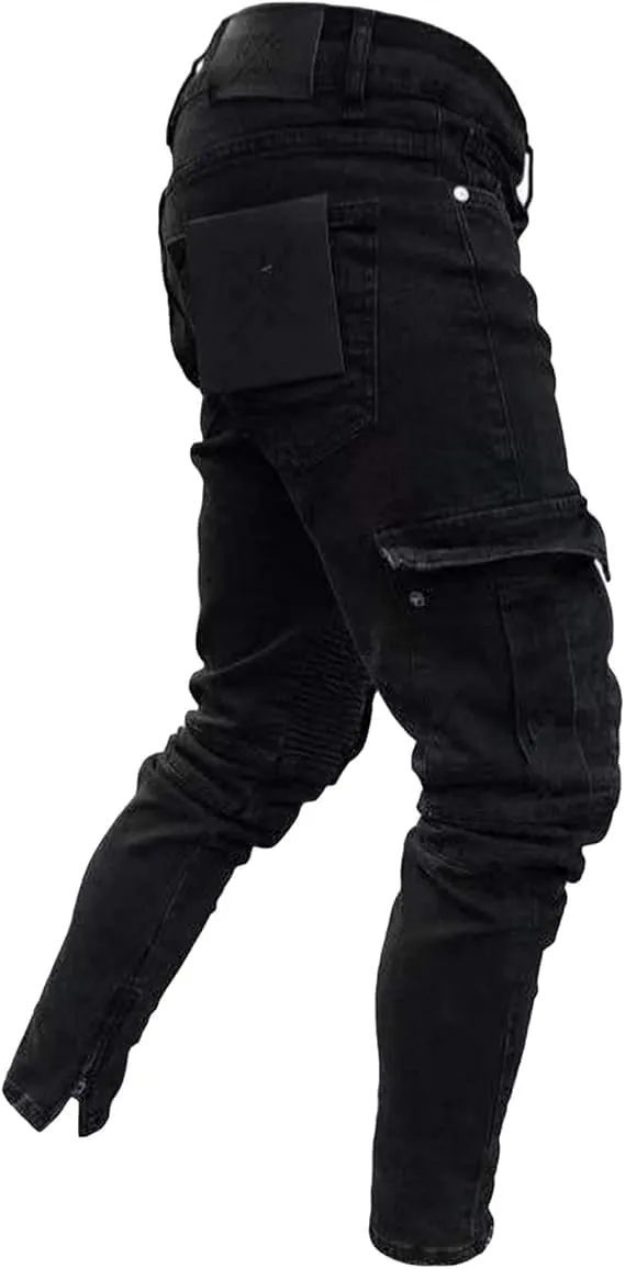 Men's Slim Fit Stretch Jeans Distressed Multi Pockets Cargo Denim Pants Fashion Ripped Skinny Jeans for Men