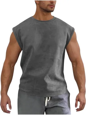 Men's Suede Tank Top Sports Pullover Round Neck Fitness Gym Running Athletic Sleeveless Tops Bodybuilding Muscle