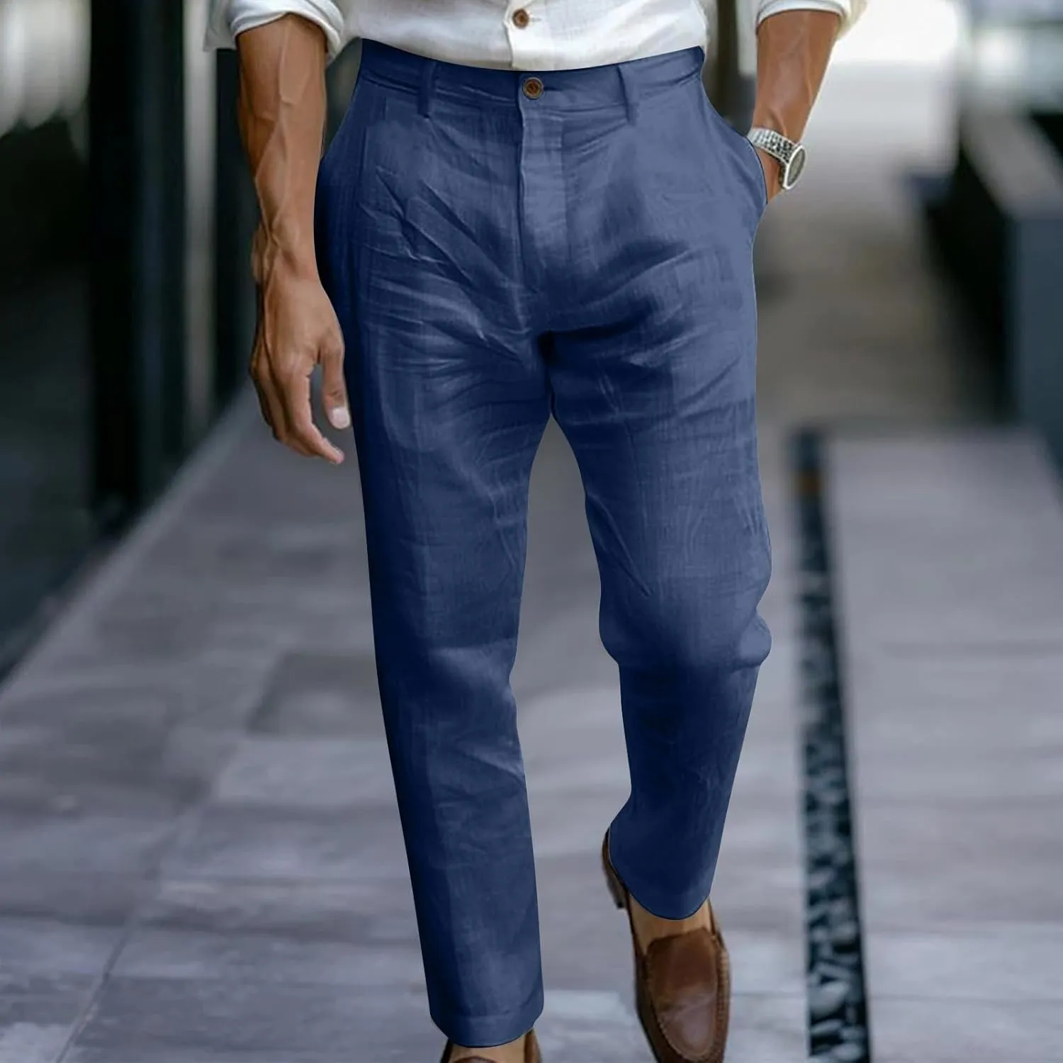 Mens Summer Linen Pants Elastic Waist with Button Casual Lightweight Beach Yoga Lounge Loose Fit Comfort Pants