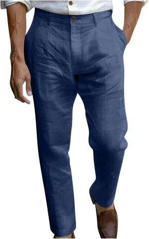 Mens Summer Linen Pants Elastic Waist with Button Casual Lightweight Beach Yoga Lounge Loose Fit Comfort Pants