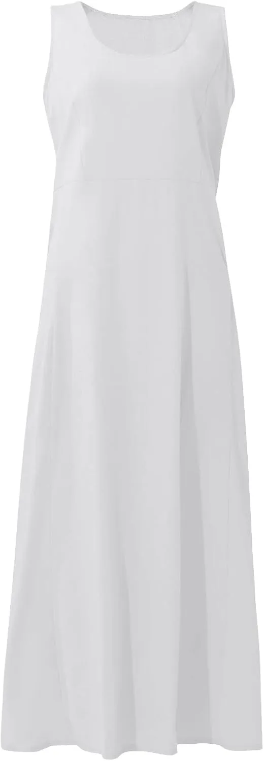 Modest Dresses for Women Casual Cocktail Dresses Summer Sleeveless Linen Pocket Dress Crewneck Solid Colour Dress