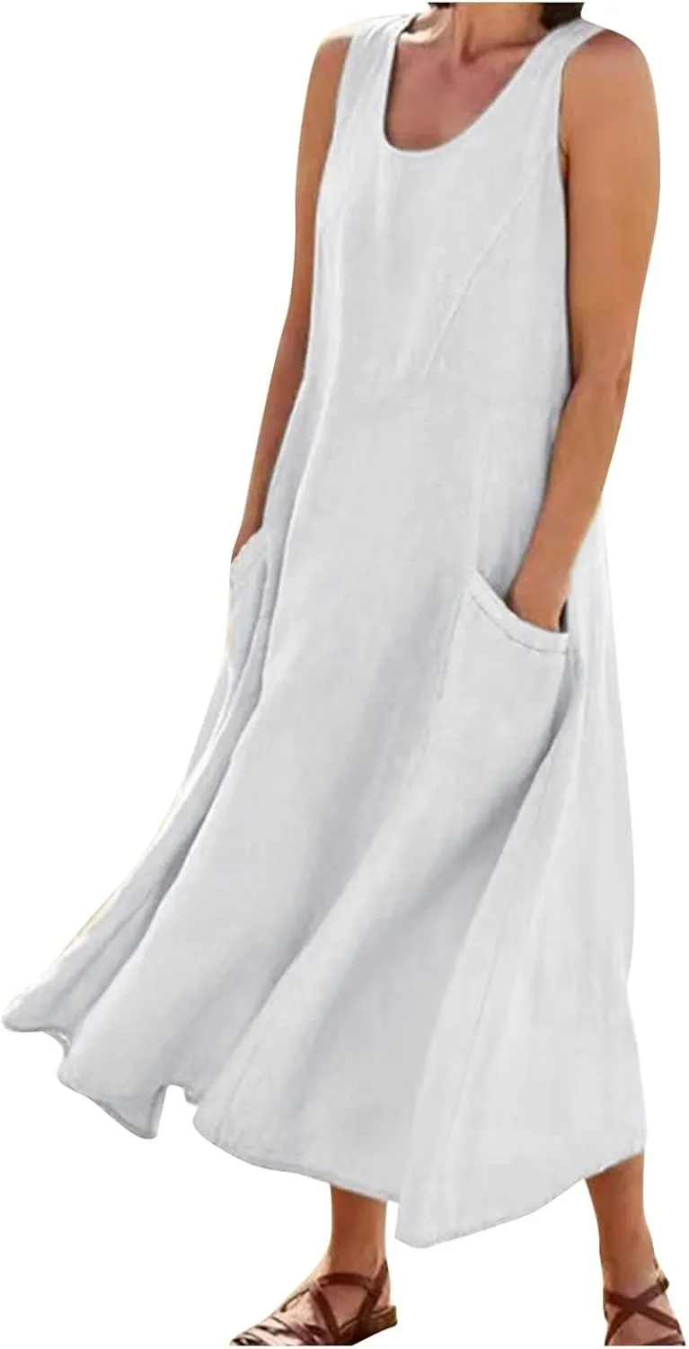 Modest Dresses for Women Casual Cocktail Dresses Summer Sleeveless Linen Pocket Dress Crewneck Solid Colour Dress