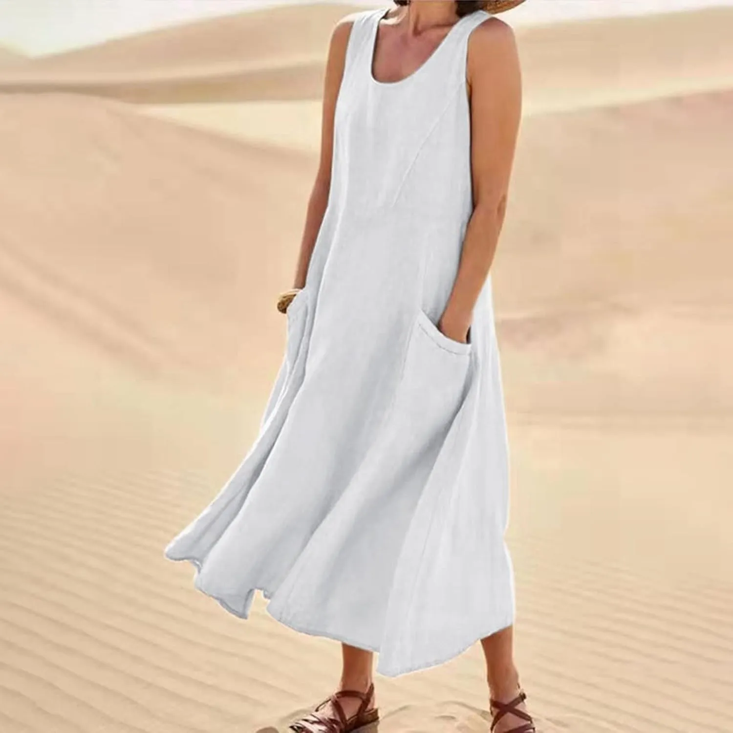 Modest Dresses for Women Casual Cocktail Dresses Summer Sleeveless Linen Pocket Dress Crewneck Solid Colour Dress