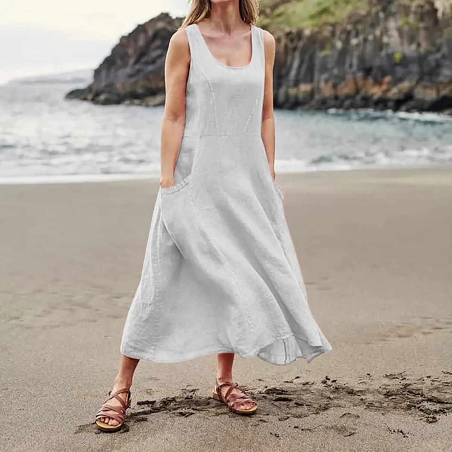 Modest Dresses for Women Casual Cocktail Dresses Summer Sleeveless Linen Pocket Dress Crewneck Solid Colour Dress