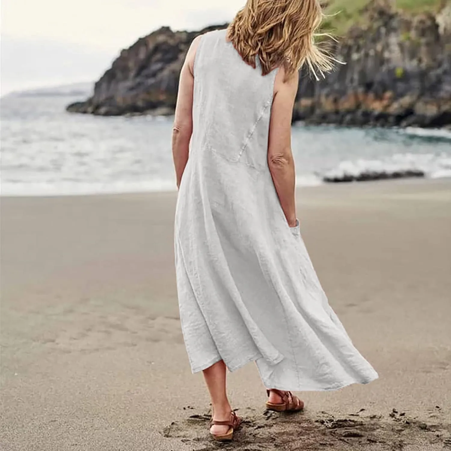 Modest Dresses for Women Casual Cocktail Dresses Summer Sleeveless Linen Pocket Dress Crewneck Solid Colour Dress