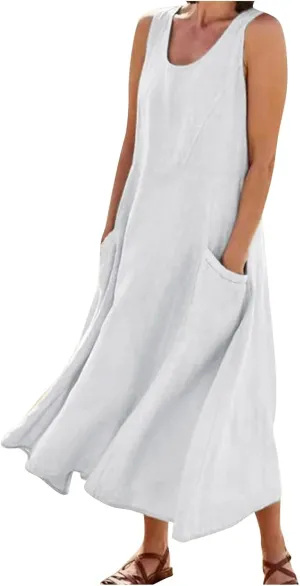 Modest Dresses for Women Casual Cocktail Dresses Summer Sleeveless Linen Pocket Dress Crewneck Solid Colour Dress