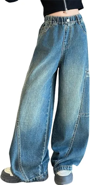 Moonker Girls Casual Baggy Jeans Washed Retro Elastic Waist Floor Length Y2K Loose Fit Straight Vintage Pants