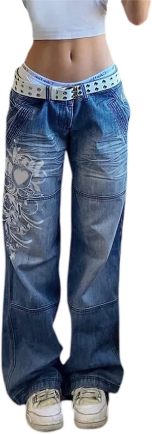 Mtsebmves Women's High Waisted Jeans Wide Leg Jeans Straight Leg Stretch Denim Pants Girls Fashion Color Block Patch Jeans