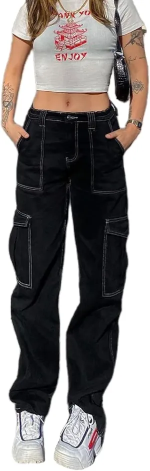 Mtsebmves Women's High Waisted Jeans Wide Leg Jeans Straight Leg Stretch Denim Pants Girls Fashion Color Block Patch Jeans