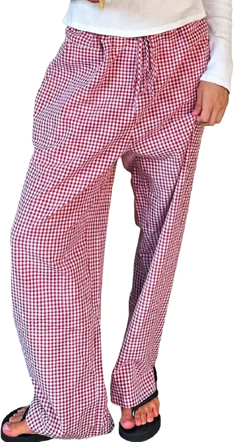 Muineobuka Women Y2k Striped Pajama Pants Wide Leg Stripes Plaid Lounge Pants High Waist Striped Pj Pants Trousers