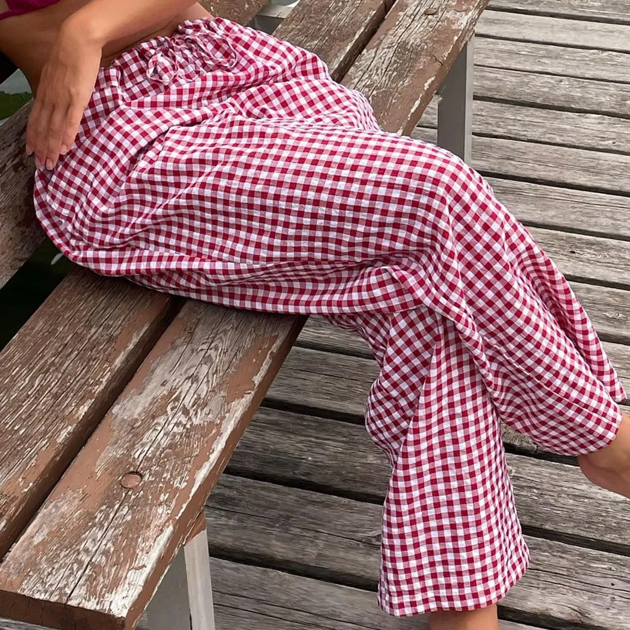 Muineobuka Women Y2k Striped Pajama Pants Wide Leg Stripes Plaid Lounge Pants High Waist Striped Pj Pants Trousers