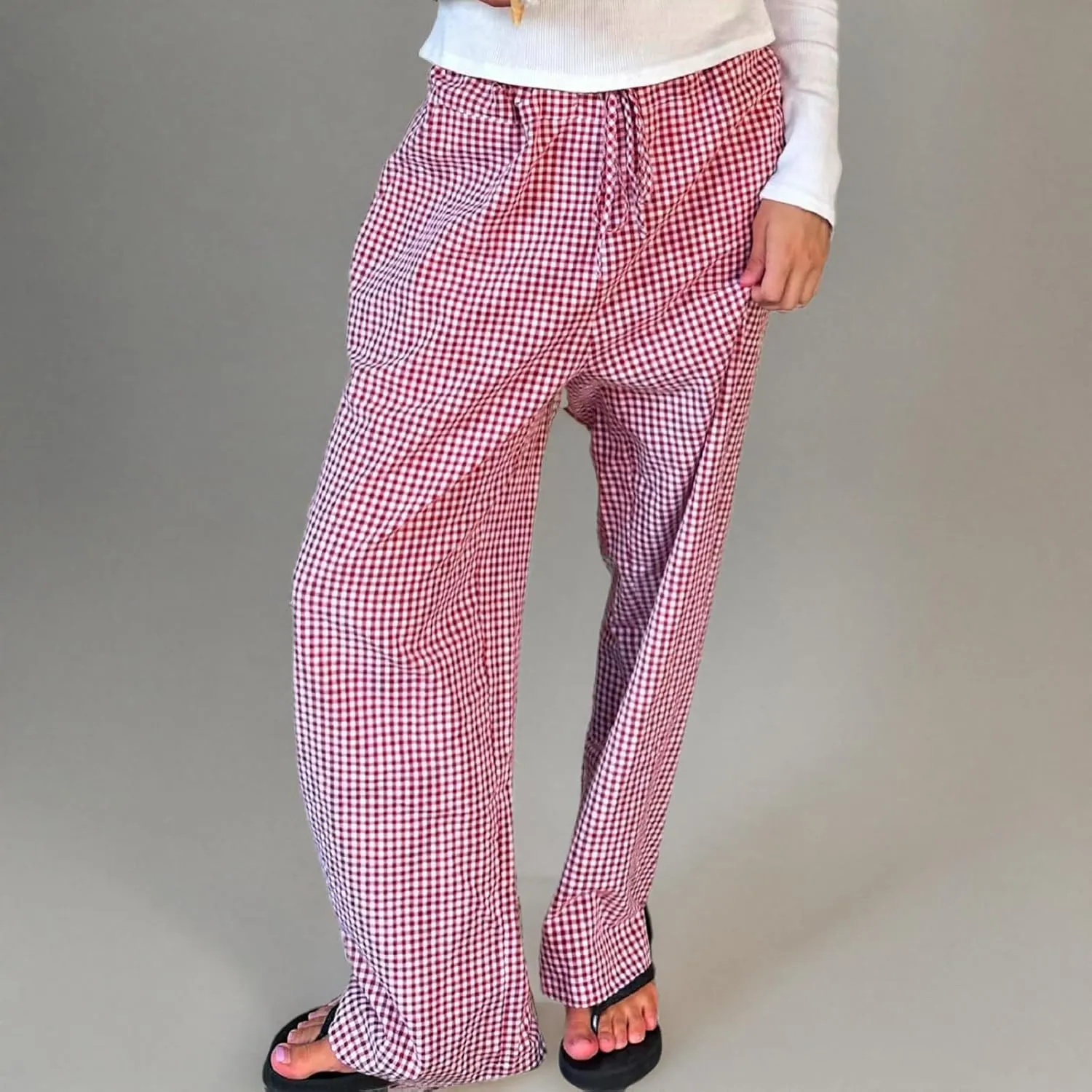 Muineobuka Women Y2k Striped Pajama Pants Wide Leg Stripes Plaid Lounge Pants High Waist Striped Pj Pants Trousers