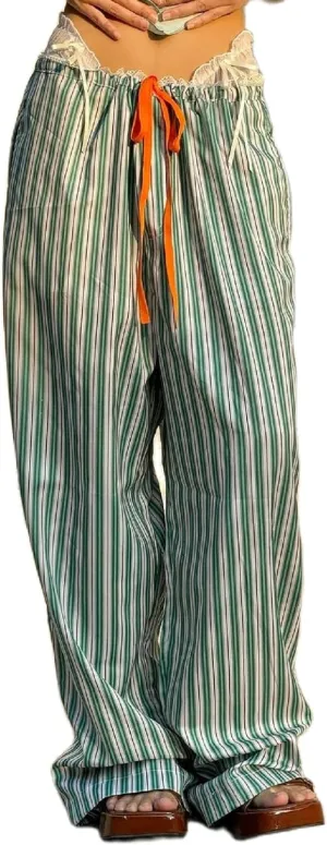 Muineobuka Women Y2k Striped Pajama Pants Wide Leg Stripes Plaid Lounge Pants High Waist Striped Pj Pants Trousers