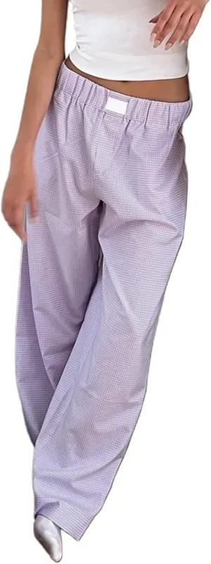Muineobuka Women Y2K Striped Pants Elastic Waist Wide Leg Casual Trousers Gingham Print Straight Leg Lounge Pants Summer