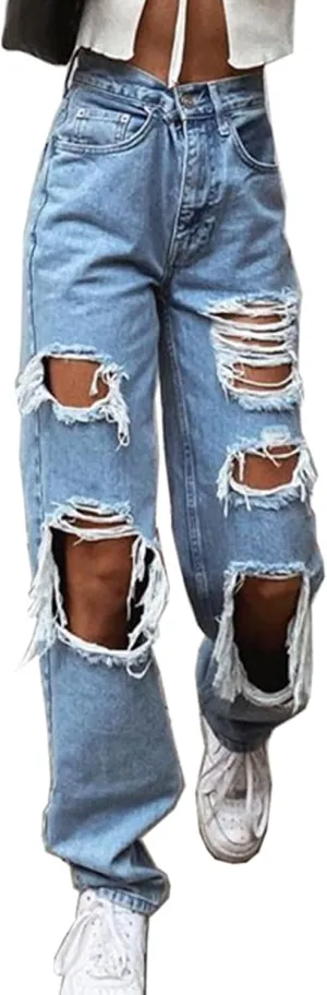 Mxiqqpltky Women Ripped Boyfriend Jeans High Waist Baggy Plus Size Aesthetics Wide Leg Denim Pants Distressed Y2K Streetwear