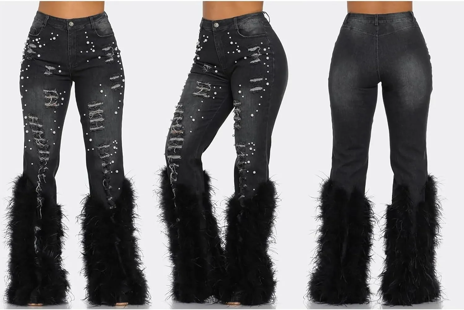 NRTHYE Women Pearl Bell Bottom Jeans Fluffy Feather Ripped Stretch Straight Leg Distressed Flared Denim Pants