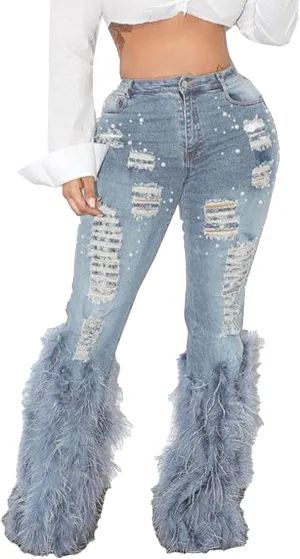NRTHYE Women Pearl Bell Bottom Jeans Fluffy Feather Ripped Stretch Straight Leg Distressed Flared Denim Pants