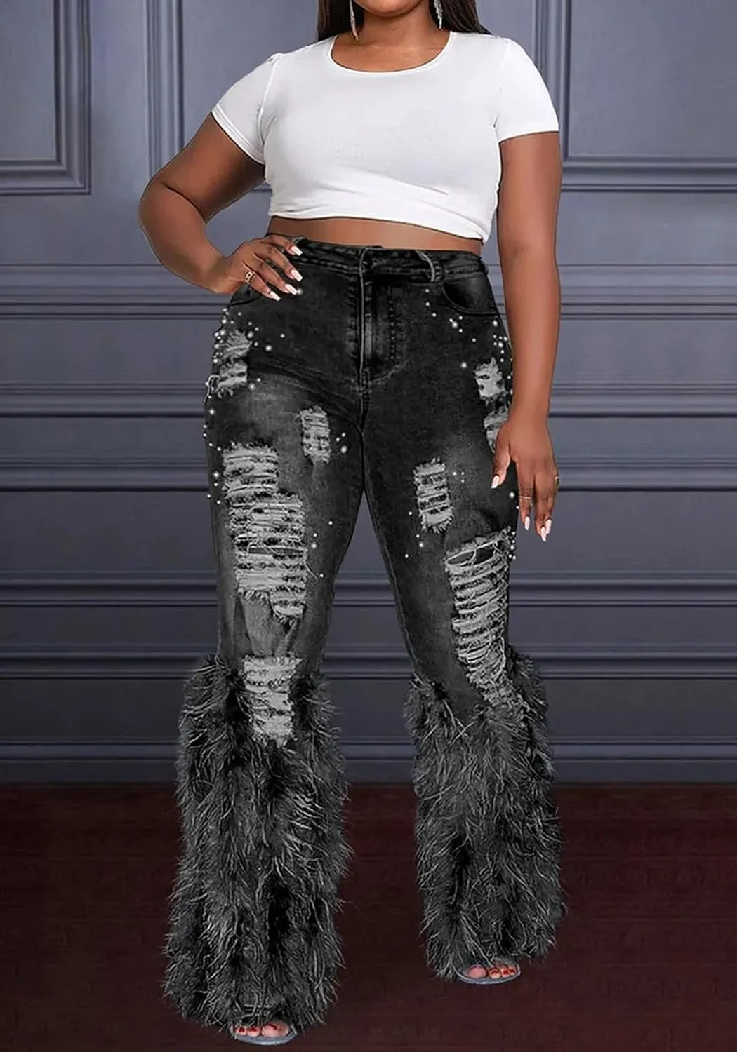 NRTHYE Women Pearl Bell Bottom Jeans Fluffy Feather Ripped Stretch Straight Leg Distressed Flared Denim Pants