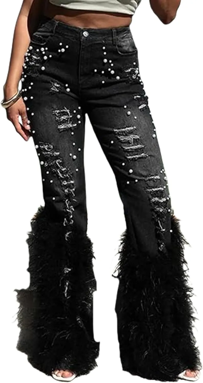 NRTHYE Women Pearl Bell Bottom Jeans Fluffy Feather Ripped Stretch Straight Leg Distressed Flared Denim Pants