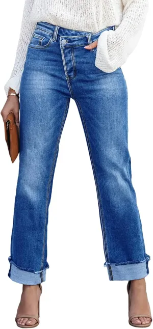 PLNOTME Women's High Waisted Straight Leg Jeans Crossover Stretch Casual Cuffed Denim Pants