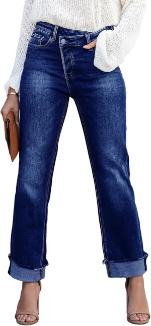 PLNOTME Women's High Waisted Straight Leg Jeans Crossover Stretch Casual Cuffed Denim Pants