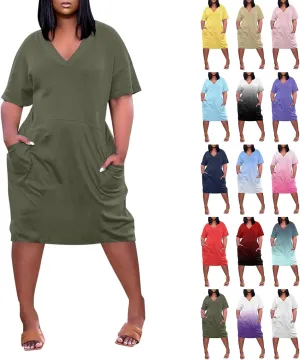 Plus Size Dresses for Curvy Women Oversize T Shirt Midi Dress Loose Short Sleeve V Neck Dress