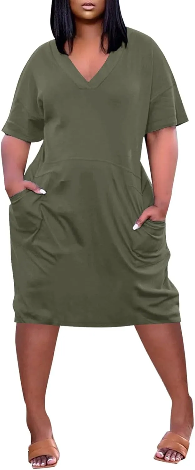 Plus Size Dresses for Curvy Women Oversize T Shirt Midi Dress Loose Short Sleeve V Neck Dress