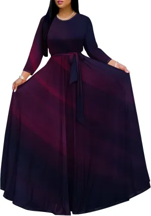 Plus Size Dresses for Curvy Women Sexy Long Sleeve Round Neck Wrap Floor Length Maxi Sundress with Belt Maxi Dress