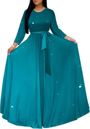 Plus Size Dresses for Curvy Women Sexy Long Sleeve Round Neck Wrap Floor Length Maxi Sundress with Belt Maxi Dress