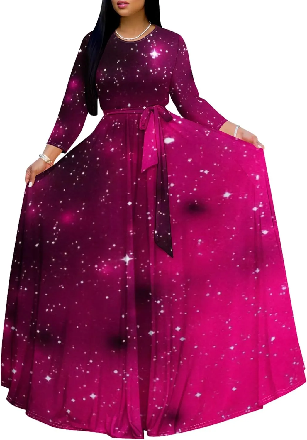 Plus Size Dresses for Curvy Women Sexy Long Sleeve Round Neck Wrap Floor Length Maxi Sundress with Belt Maxi Dress