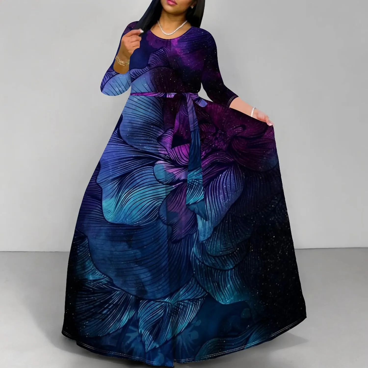 Plus Size Dresses for Curvy Women Sexy Long Sleeve Round Neck Wrap Floor Length Maxi Sundress with Belt Maxi Dress