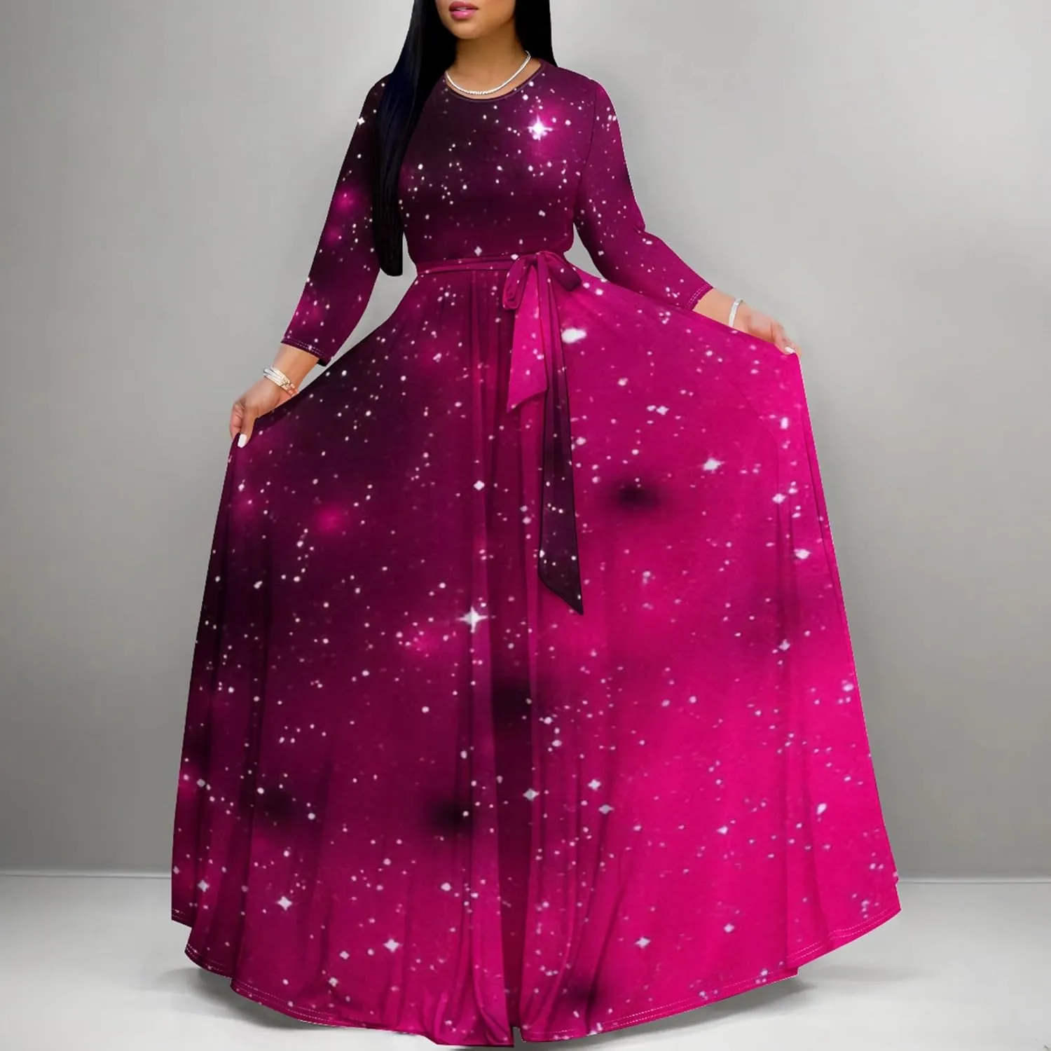Plus Size Dresses for Curvy Women Sexy Long Sleeve Round Neck Wrap Floor Length Maxi Sundress with Belt Maxi Dress