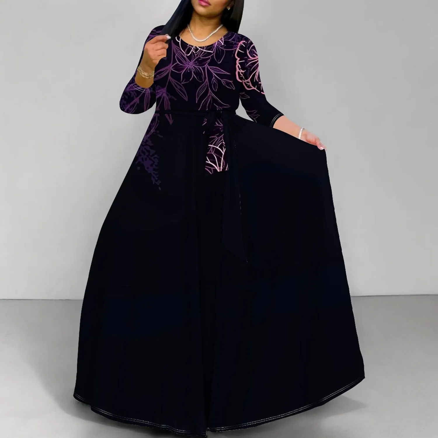 Plus Size Dresses for Curvy Women Sexy Long Sleeve Round Neck Wrap Floor Length Maxi Sundress with Belt Maxi Dress