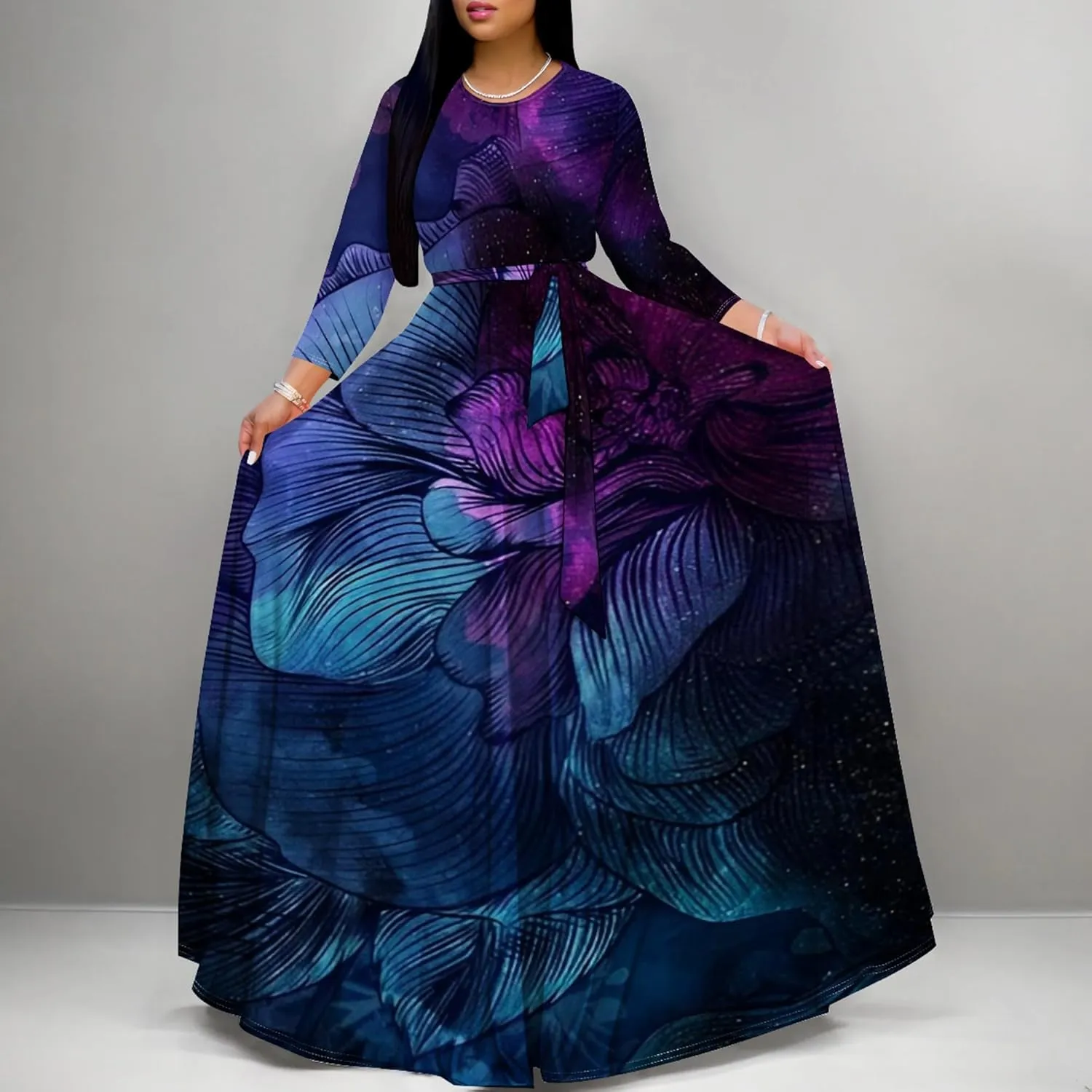 Plus Size Dresses for Curvy Women Sexy Long Sleeve Round Neck Wrap Floor Length Maxi Sundress with Belt Maxi Dress