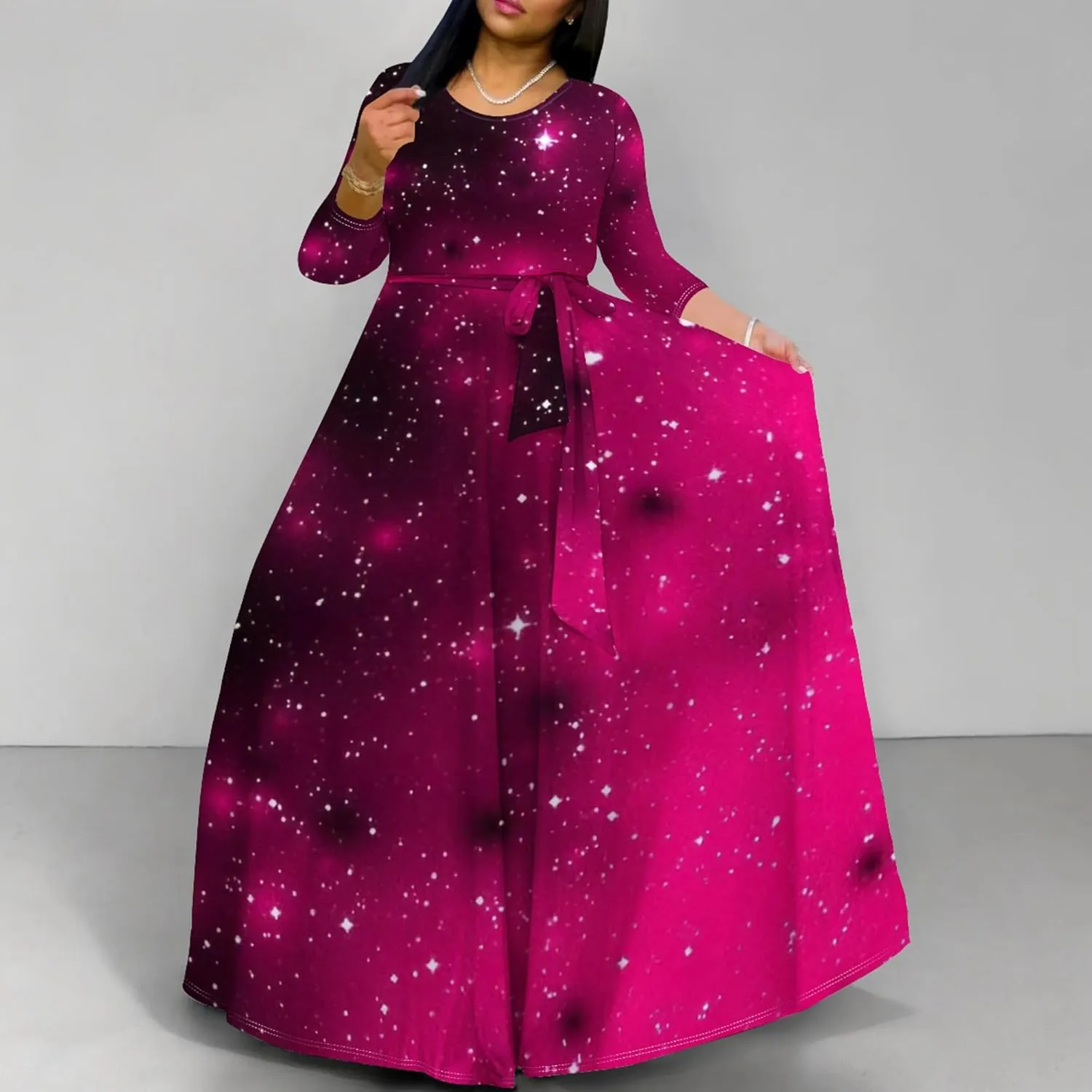 Plus Size Dresses for Curvy Women Sexy Long Sleeve Round Neck Wrap Floor Length Maxi Sundress with Belt Maxi Dress