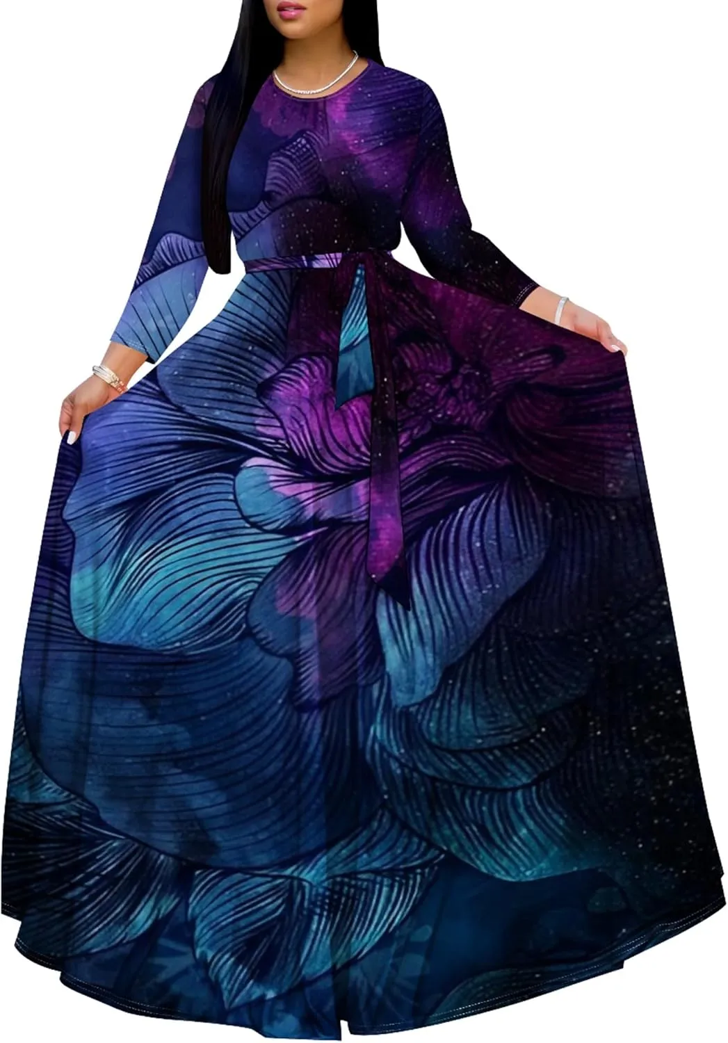 Plus Size Dresses for Curvy Women Sexy Long Sleeve Round Neck Wrap Floor Length Maxi Sundress with Belt Maxi Dress