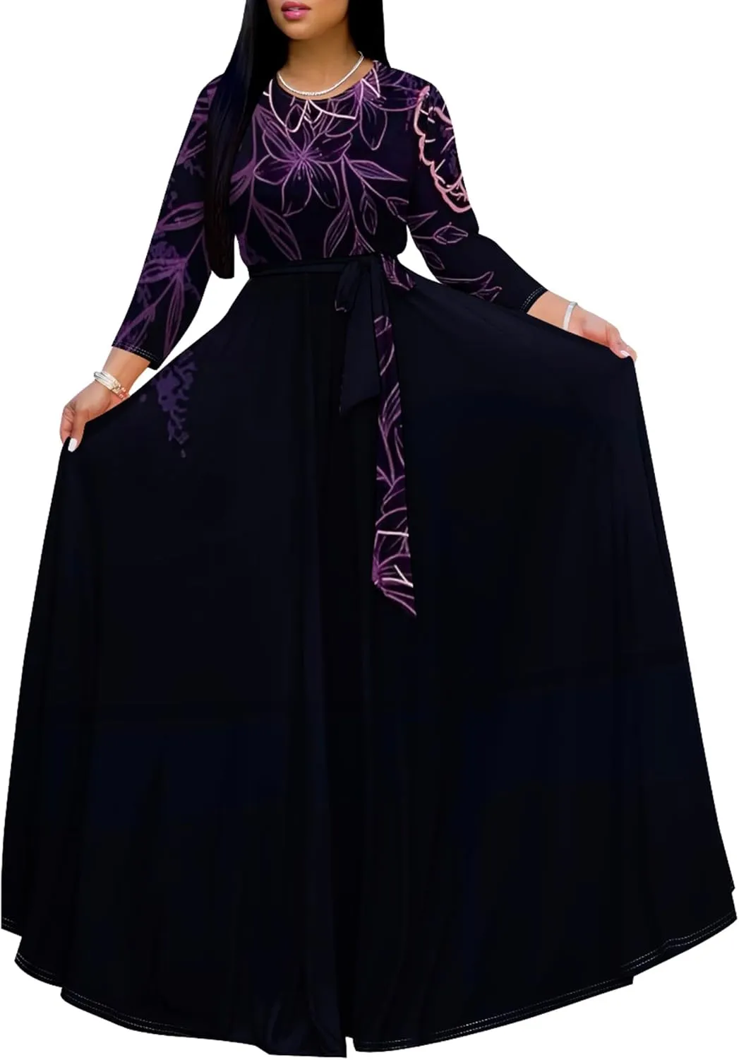 Plus Size Dresses for Curvy Women Sexy Long Sleeve Round Neck Wrap Floor Length Maxi Sundress with Belt Maxi Dress