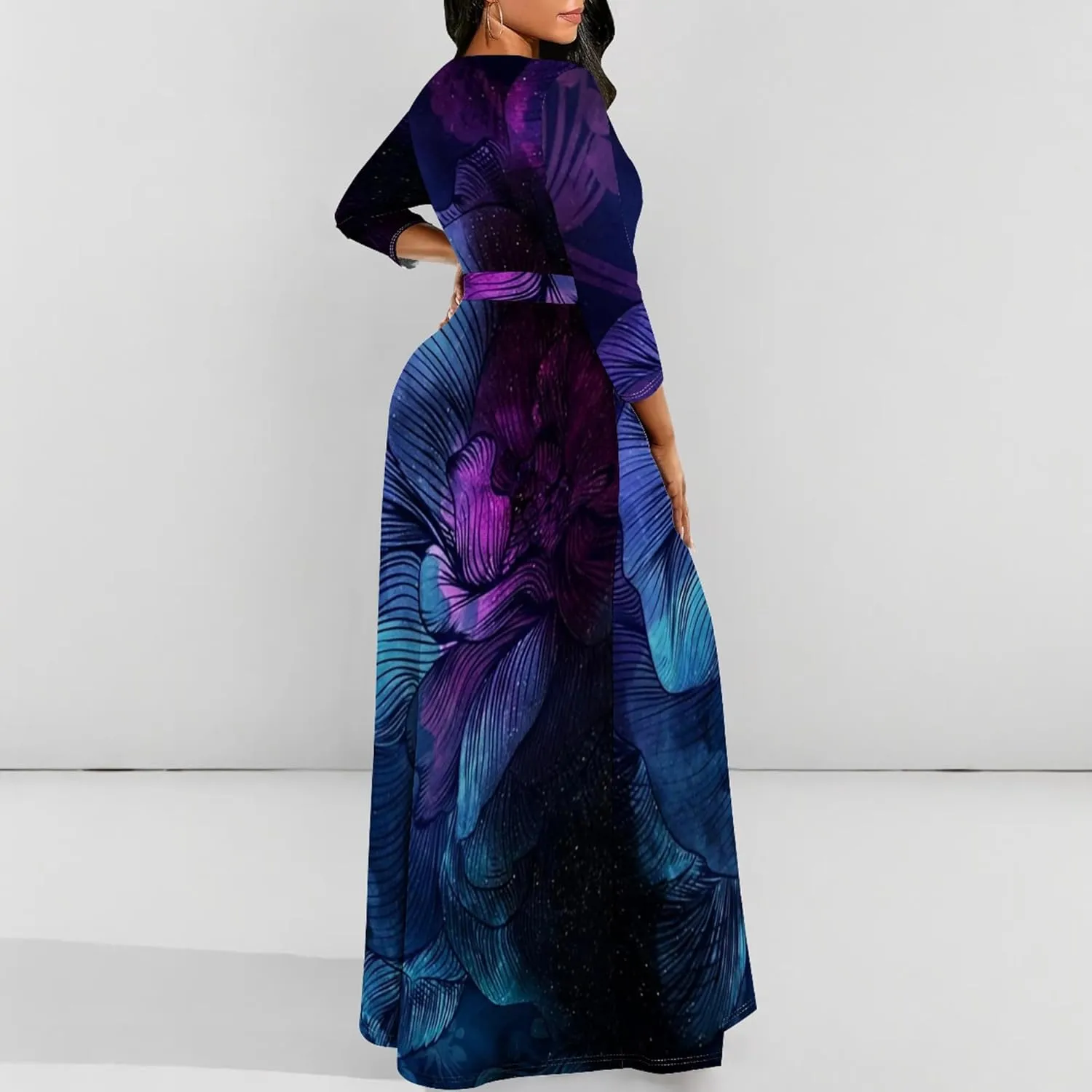 Plus Size Dresses for Curvy Women Sexy Long Sleeve Round Neck Wrap Floor Length Maxi Sundress with Belt Maxi Dress