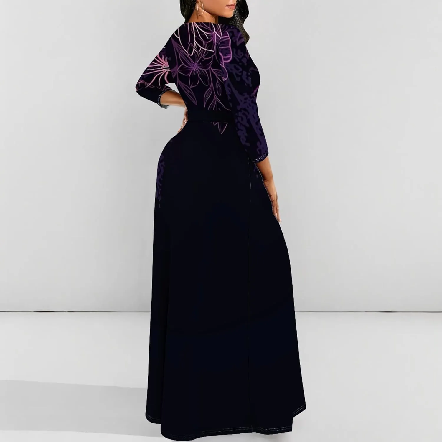 Plus Size Dresses for Curvy Women Sexy Long Sleeve Round Neck Wrap Floor Length Maxi Sundress with Belt Maxi Dress