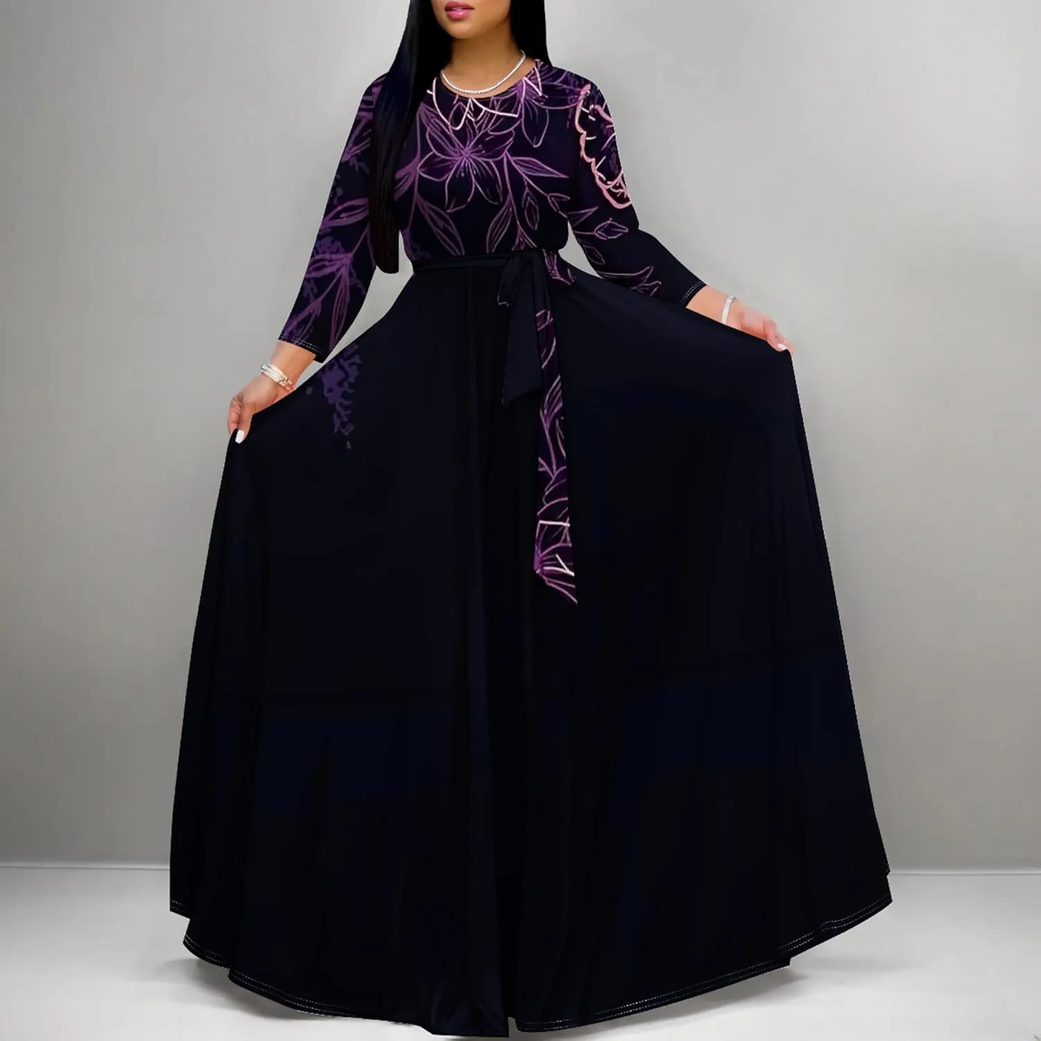 Plus Size Dresses for Curvy Women Sexy Long Sleeve Round Neck Wrap Floor Length Maxi Sundress with Belt Maxi Dress