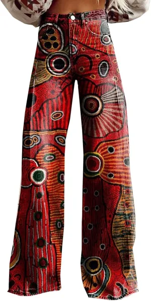 Plus Size High Waisted Jeans for WomenWomen's Flare Wide Leg Jeans 2025 High Waisted Denim Vintage Floral Printed Pants Casual Colorful Straight Trouser