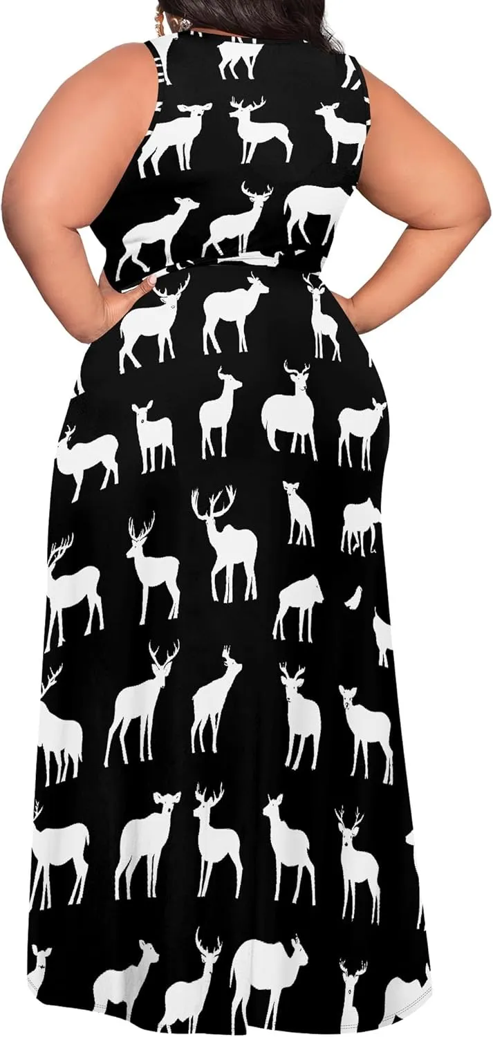 Plus Size Summer Maxi Dress for Curvy Womens Empire Waist Casual Loose Sleeveless Floral Print Swing Flowy Slit Tiered Dress