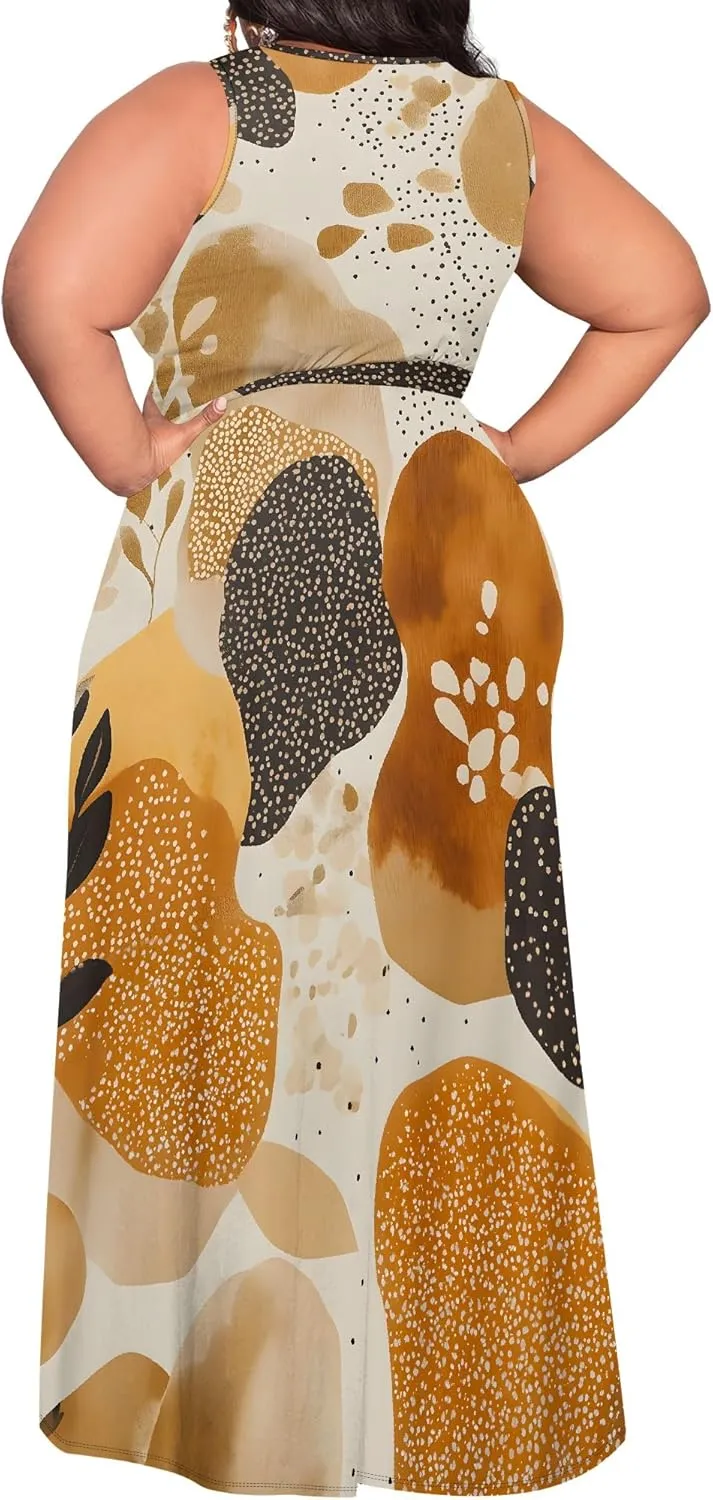 Plus Size Summer Maxi Dress for Curvy Womens Empire Waist Casual Loose Sleeveless Floral Print Swing Flowy Slit Tiered Dress