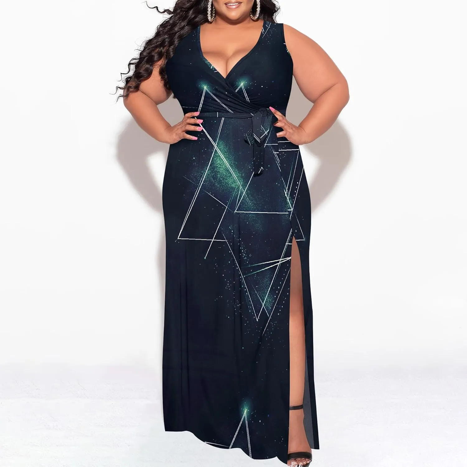 Plus Size Summer Maxi Dress for Curvy Womens Empire Waist Casual Loose Sleeveless Floral Print Swing Flowy Slit Tiered Dress